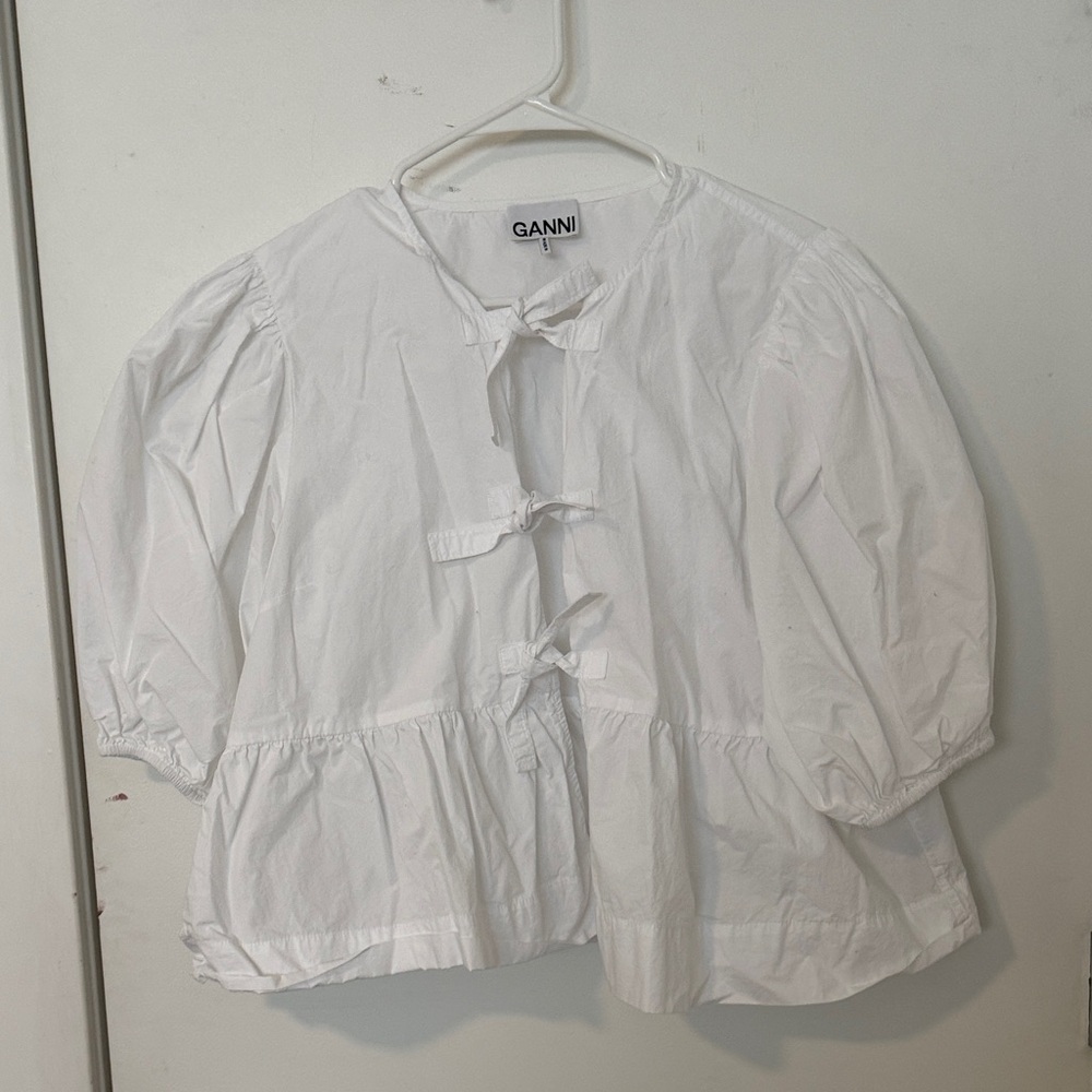 Ganni White Cotton Tie-Front Peplum Blouse